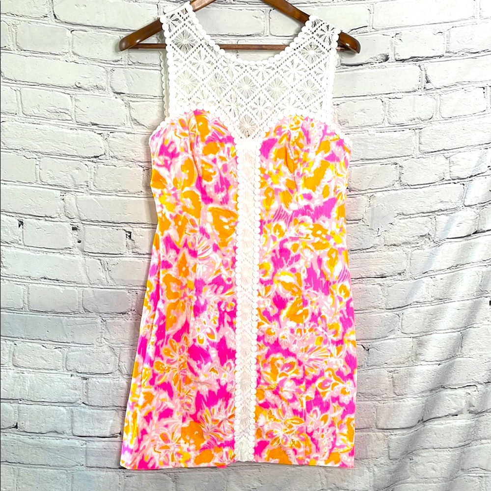 Lilly Pulitzer Pink Orange White Lace Neckline Sleeveless Dress Size 8